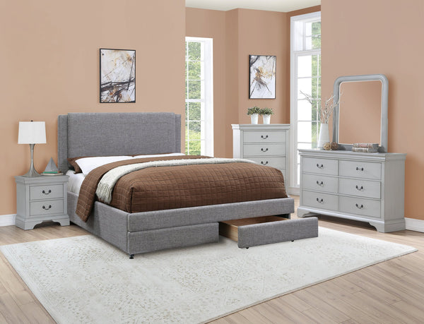 English Elm Light Upholstered Faux Leather Queen Bed with Headboard Panel & Built-In Underbed Storage Drawers, Contemporary Elegance Black,Light Gray 59 L x 49 W x 5 H B011S02016