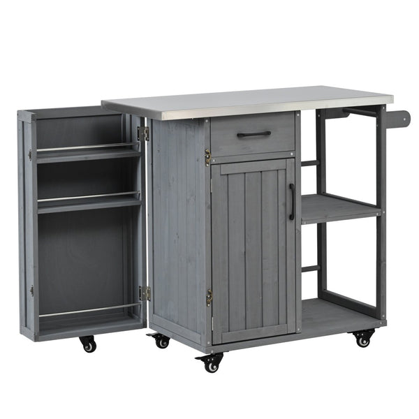English Elm Foldable Outdoor Kitchen Cart with Stainless Worktop Fir Wood Frame and Lockable Wheels Grey N719P380278E