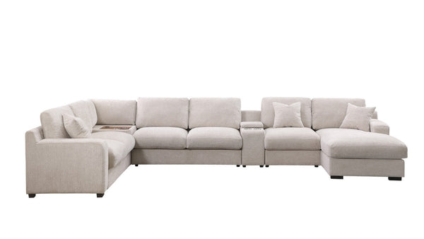 English Elm Chiara Chenille Sectional Sofa with Chaise Cupholders Usb Charging Ports Living Room Beige B2749S00237