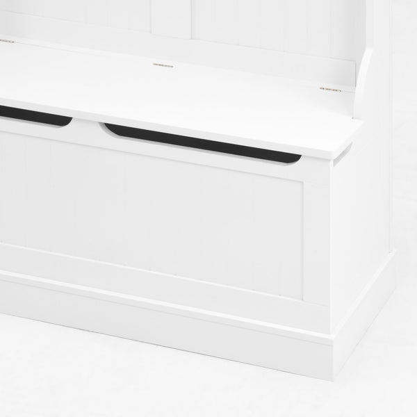 English Elm Entryway Bench Hall Tree with Shoe Storage and 5 Hooks, White MDF Organizer Seat with Hinge Safety W409P262447