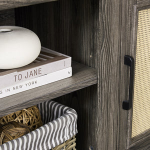 English Elm Farmhouse Rattan TV Stand Console Table with Ample Storage, Cable Management & Adjustable Shelves for 70" TVs Antique Gray W1758P178929