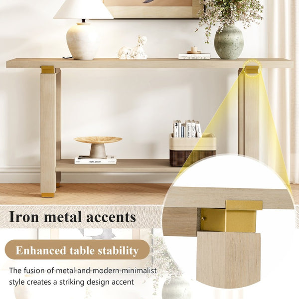 English Elm U_Style 62.9" Modern Minimalist Console Table - Solid Wood With Metal Accents & Open Shelf Storage N711P289140O-GIGA