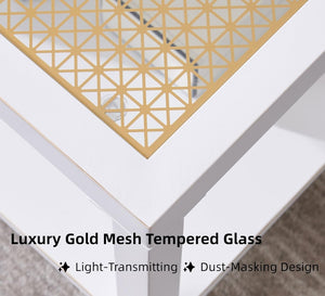English Elm Industrial Square Coffee Table with Gold Mesh Tempered Glass Top and Matte Steel Legs White+Gold W3587P456310