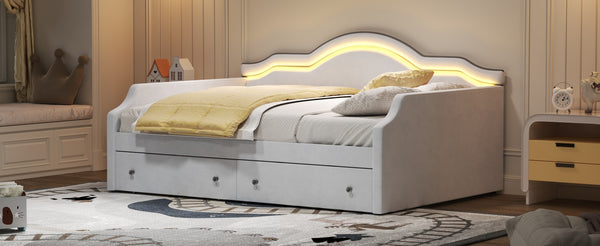 English Elm Full Size Upholstered Daybed With Led Accent, 2 Storage Drawers, Velvet Finish In Elegant Beige N7500001852A