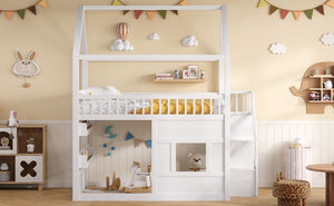 English Elm Full Size Solid Wood House Bed with Led Shelf Lighting for Kids Bedroom White N7500005026K