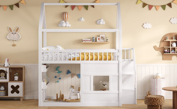 English Elm Full Size Solid Wood House Bed with Led Shelf Lighting for Kids Bedroom White N7500005026K