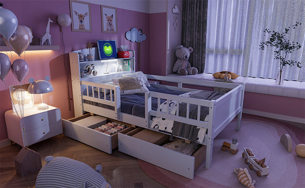 English Elm Wood Twin Size Platform Bed with Built-in LED Light, Multifunctional Headboard, Guardrail & Storage Drawers White N709P243969K