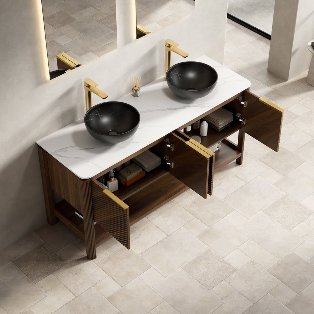 English Elm Dina 60 Inch Floating Bathroom Vanity Sintered Stone Top Dual Glass Basins Wood Grain W2615S00728