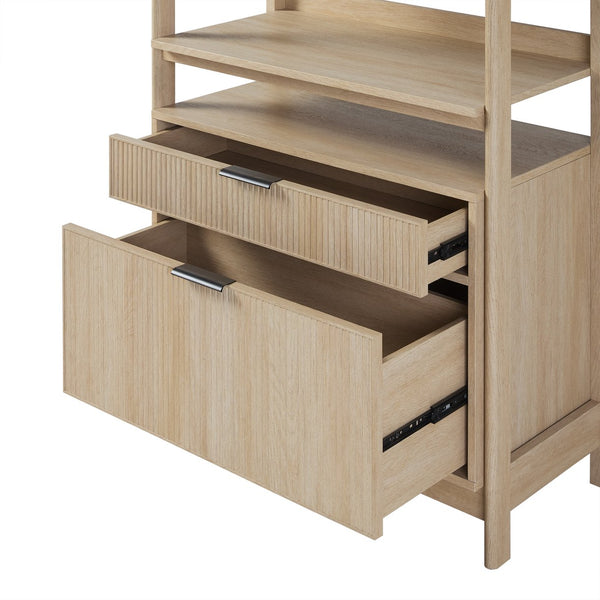 English Elm Walker Edison - Transitional Wide Reeded Bookshelf with Drawers on Bottom for Home Office, Spacious Shelving & Storage Oak 75.25 L x 20.63 W x 7 H B185P200194