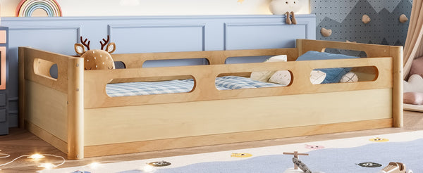 English Elm Twin Low Profile Floor Bed with Guardrails Pine Wood Frame Minimalist Bedroom Natural W1580P438791