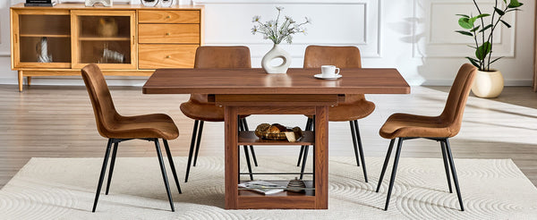 English Elm Expandable Walnut Mdf Dining Set with Storage Base and Four Fabric Chairs W1151S04714