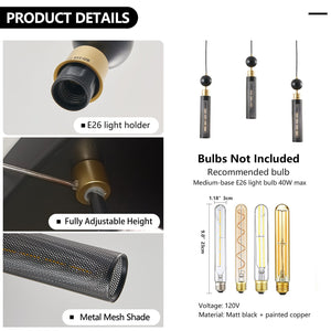 English Elm 25" Modern Black & Gold 3-Light Pendant Chandelier - Adjustable Cylindrical Mesh Shades, E26, Dining/Kitchen Lighting W1340P233174