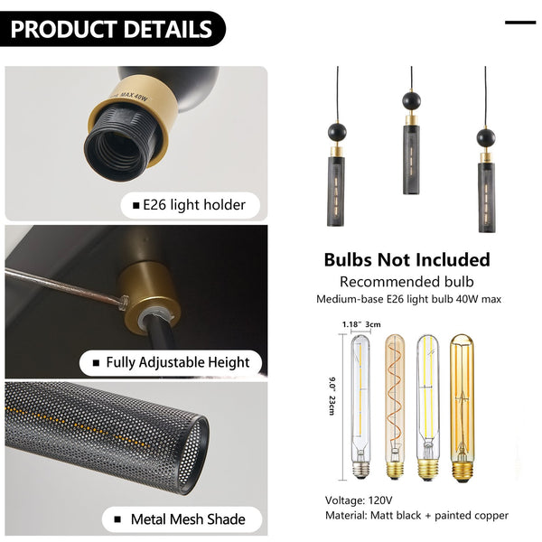 English Elm 25" Modern Black & Gold 3-Light Pendant Chandelier - Adjustable Cylindrical Mesh Shades, E26, Dining/Kitchen Lighting W1340P233174