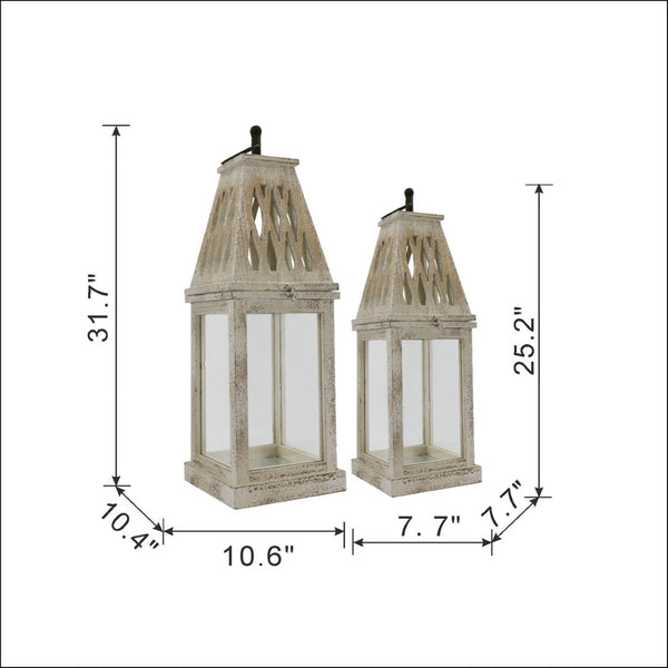English Elm Set of 2 French Country Fir Wood Lanterns with Carved Lattice Tops Weathered White Finish W2078P495672
