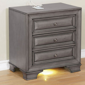 English Elm 3 Drawers Wooden Nightstand With Usb Outlet, Antique Hardware & Under-Nightlight In Gray Finish B016P251471