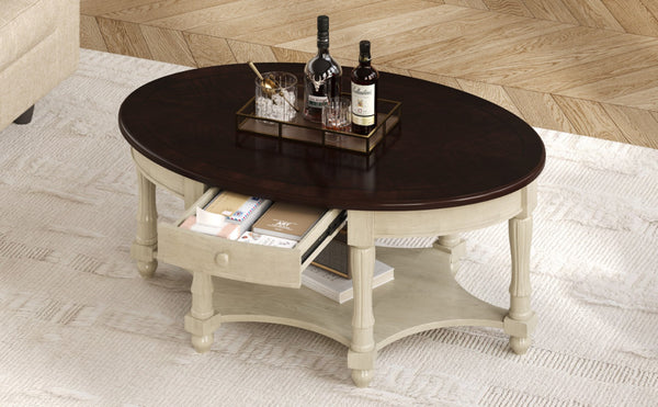 English Elm Vintage Oval Coffee Table With Drawer & Storage Shelf - French Country Charm For Living Rooms N735P277388K-GIGA