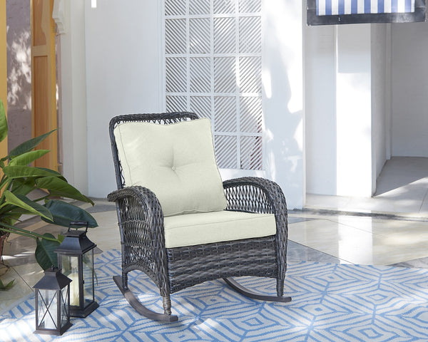 English Elm Fruttuo Upholstered Rocking Chair with Removable Zipper Cushions, Waterproof Fabric, Steel Rattan Frame Black+Cream B365P397659