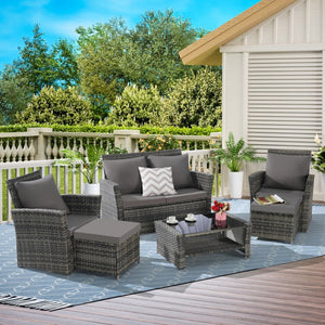 English Elm 6 Piece Outdoor Wicker Conversation Set with Tempered Glass Table and Ottomans W874P264688