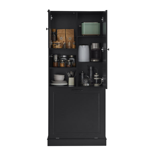 English Elm Tall Storage Cabinet with Flip-Out Basket, Adjustable Shelves & Aluminum Handles for Organized Living Black N725P322739B