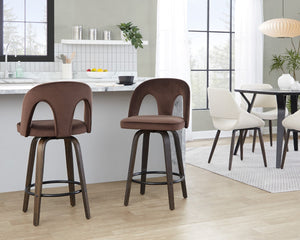 English Elm Fixed-height Swivel Counterstools Velvet Seat Bentwood Legs Kitchen Island Set B202S01793