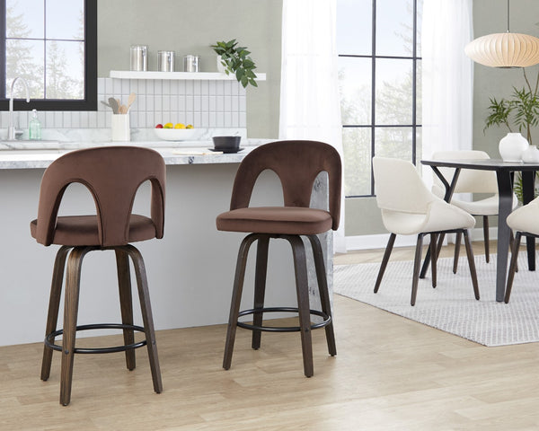 English Elm Fixed-height Swivel Counterstools Velvet Seat Bentwood Legs Kitchen Island Set B202S01793