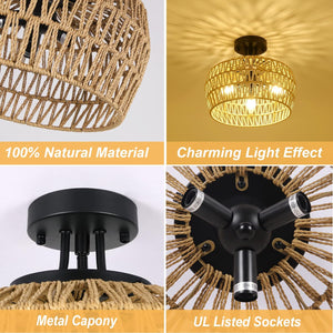 English Elm Semi Flush Rattan Ceiling Light 3-Light Boho Wicker Fixture Handwoven Lampshade Dimmable Cozy Ambience Brown W2738P185407