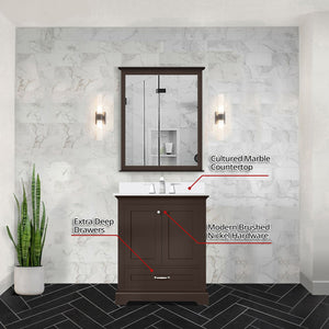English Elm Espresso 30 in. Single Bath Vanity with Cultured Marble Top, Solid Wood, Soft-Close, Pre-Drilled Faucet B2731P258323