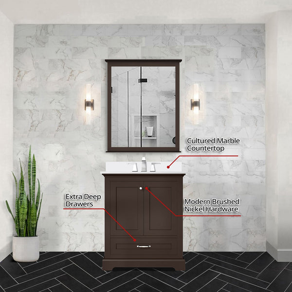 English Elm Espresso 30 in. Single Bath Vanity with Cultured Marble Top, Solid Wood, Soft-Close, Pre-Drilled Faucet B2731P258323