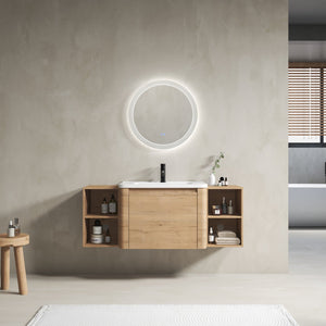 English Elm 52'' Wall-Mounted Vanity with White Ceramic Sink, Soft-Close Door, Plywood Shelves & Rounded Edges Imitative Oak W999S00431