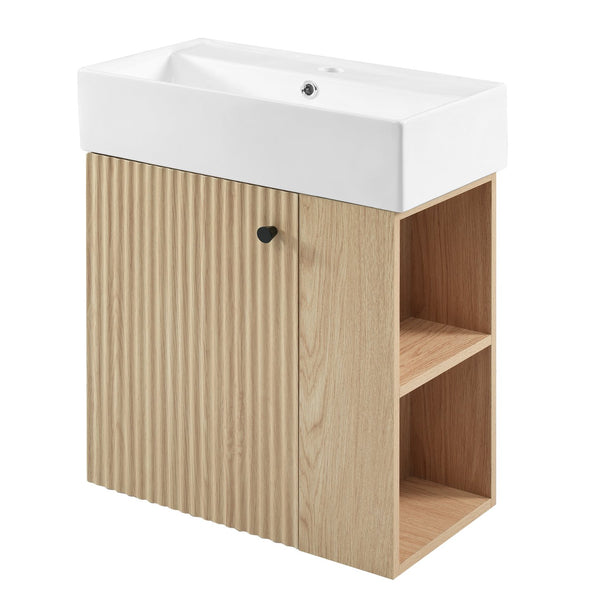 English Elm 21.6 inch Modern Floating Bathroom Vanity with Ceramic Basin, Wave Door, Rose Gold Handle Wood N729P170388D