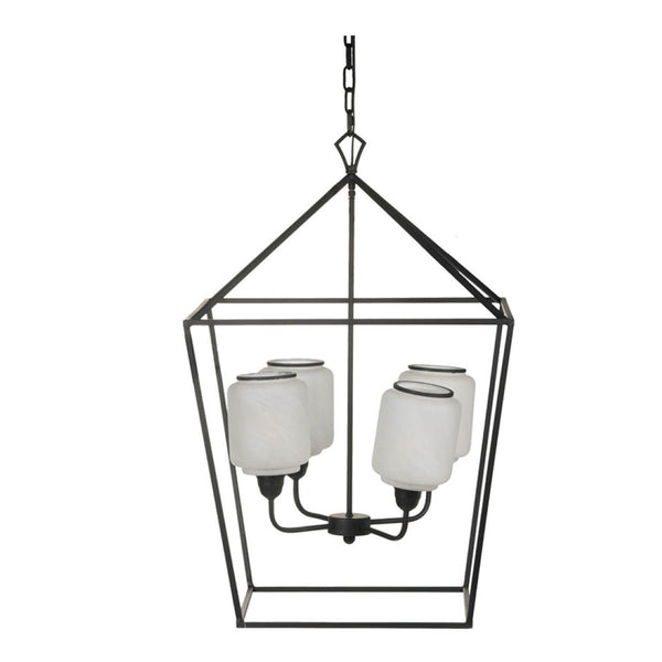 English Elm 21.7x21.7x33.5 Matte Black Iron Chandelier Square Glass Industrial Dining Foyer Light W2078P411228