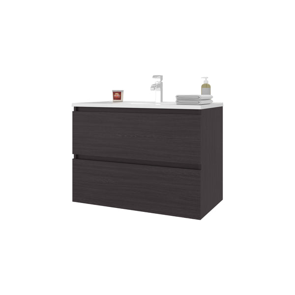 English Elm Wengue Wall-Mounted Floating Vanity with Two Drawers and Sink – Sleek Waterproof Wenge Finish, Space-Saving Design B062P355538