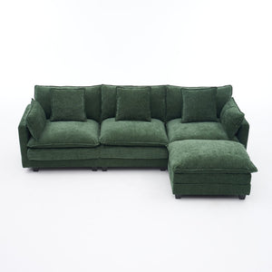 English Elm Beige Chenille Sectional Sofa with Modular Ottoman for Living Room or Studio Dark Green W2603S00004