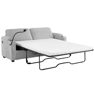 English Elm 72.8" Corduroy Sleeper Sofa Loveseat with Full Mattress, USB Charging, Cup Holders, Storage Pockets Grey N719P208880E