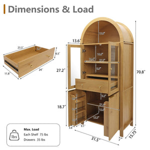 English Elm 71" Arched Glass Barn Door Pantry Cabinet Farmhouse Mdf Storage for Kitchen Dining Oak W2917S00015