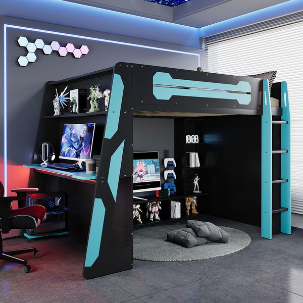 English Elm Full Size Wood Loft Bed with Rgb Lighting Desk Storage and Gaming Console Shelf Blue LT000260AAC