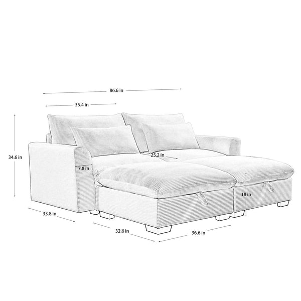 English Elm Corduroy Two-Seater Sofa With Storage Footrests - Versatile Modular Sectional For Modern Living W714S00658