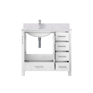 English Elm White Bath Vanity Set With Left Offset Carrara Marble Top, Faucet, And 34-In. Mirror For Stylish Upgrades B2731S01256-GIGA