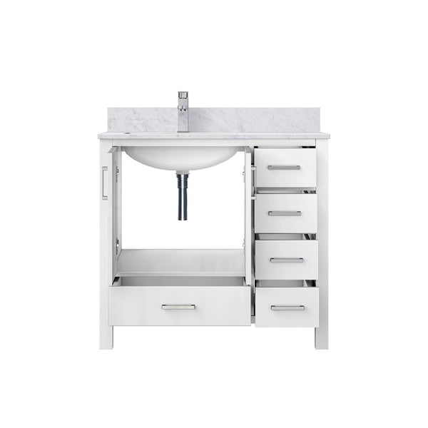 English Elm White Bath Vanity Set With Left Offset Carrara Marble Top, Faucet, And 34-In. Mirror For Stylish Upgrades B2731S01256-GIGA