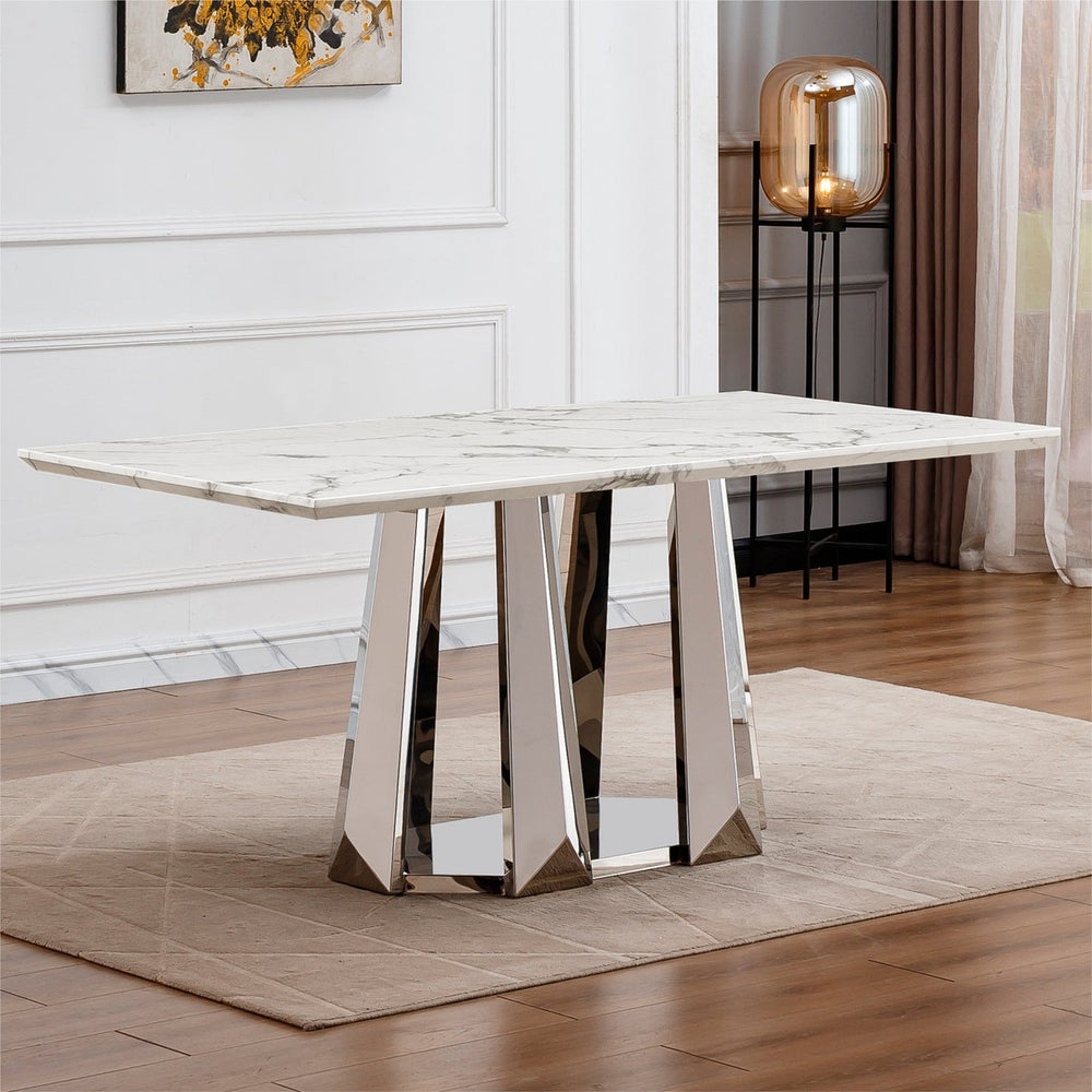 English Elm Marble Dining Table For 6-8, 70'' Modern Rectangle Faux Marble With Mirrored Stainless Steel Base W3456S00038