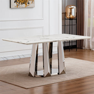 English Elm Marble Dining Table For 6-8, 70'' Modern Rectangle Faux Marble With Mirrored Stainless Steel Base W3456S00038