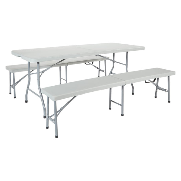OSP Home Furnishings 3 Piece Folding Table Bench Set Resin Top Steel Frame Portable Outdoor Picnic QT3965