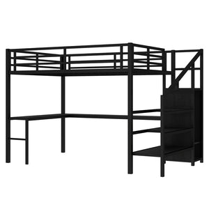 English Elm Twin Xl Metal Loft Bed with Stair Storage Shelves Sturdy Steel Frame for Dorms W1580S00545
