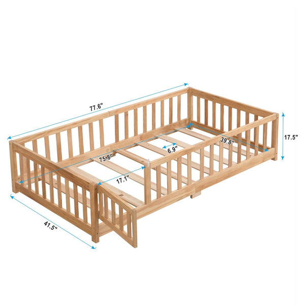 English Elm Twin Pine Wood Floor Bed with Safety Guardrails and Door for Kids Bedroom W495123236