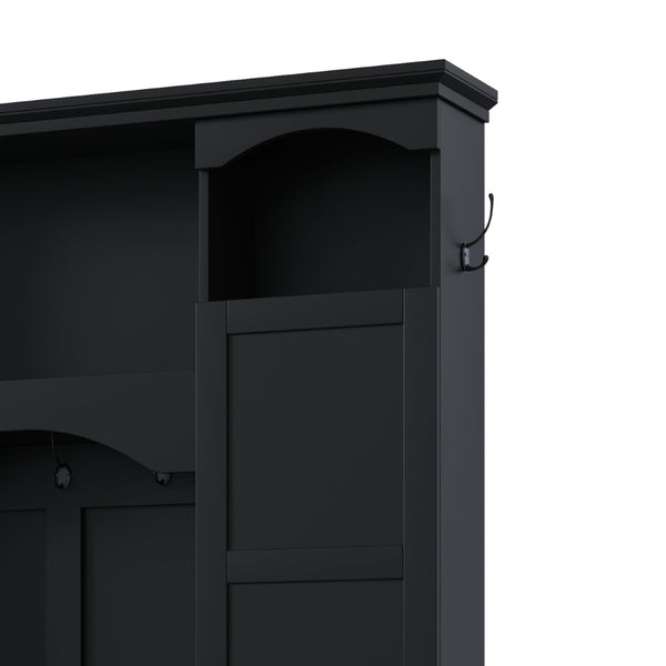 English Elm On-trend Farmhouse Hall Tree with Dual Cabinets Seven Hooks and Arched Entryway Storage Black N721S000078B