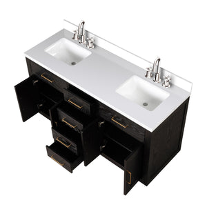 English Elm Black Oak Double Bath Vanity 60" W With Cultured Marble Top & Chrome Faucet Set - Modern Elegance! B2731P260841