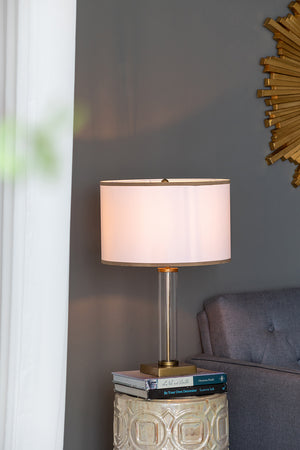 English Elm 16x16x24" Gold and White Table Lamp with Glass Cylinder, Pedestal Base & White Drum Shade — Elegant Bedside Accent ламп W2078P399251