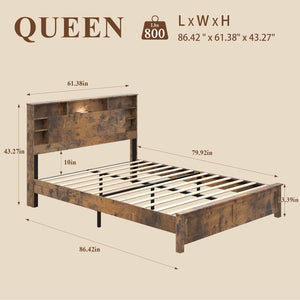 English Elm Wood Queen Platform Bed Bookcase Headboard with Led Lighting and Charging Station W636P444678