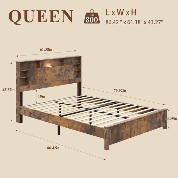 English Elm Wood Queen Platform Bed Bookcase Headboard with Led Lighting and Charging Station W636P444678