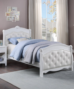 English Elm White Full Size Bed with Faux Leather Tufted Headboard, Modern Glam Platform Frame, Durable Plywood White 63 L x 54 W x 5 H B011S00916